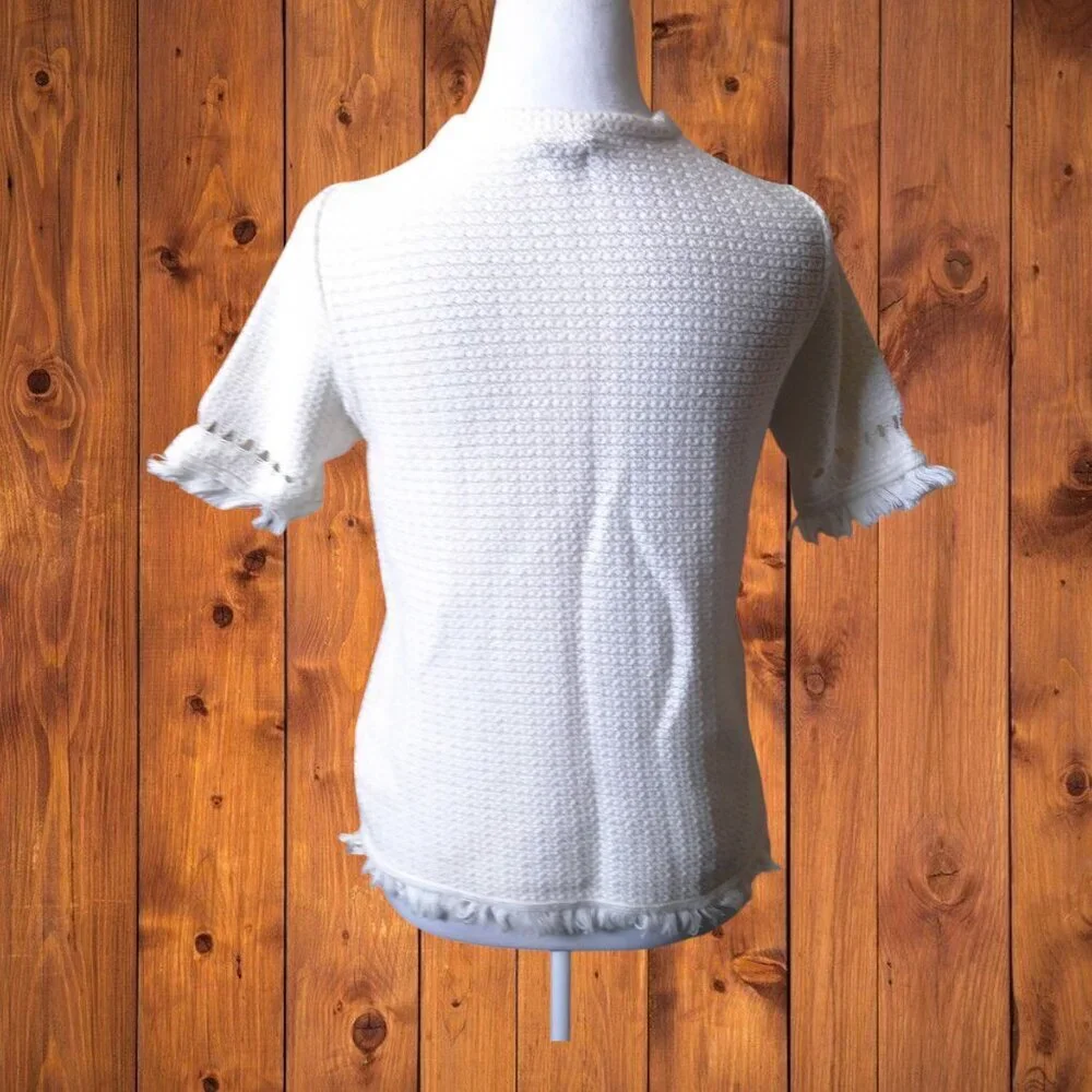 J. CREW Size Small Fringe Knit White Pullover Sweater Top Short Sleeve Feminine